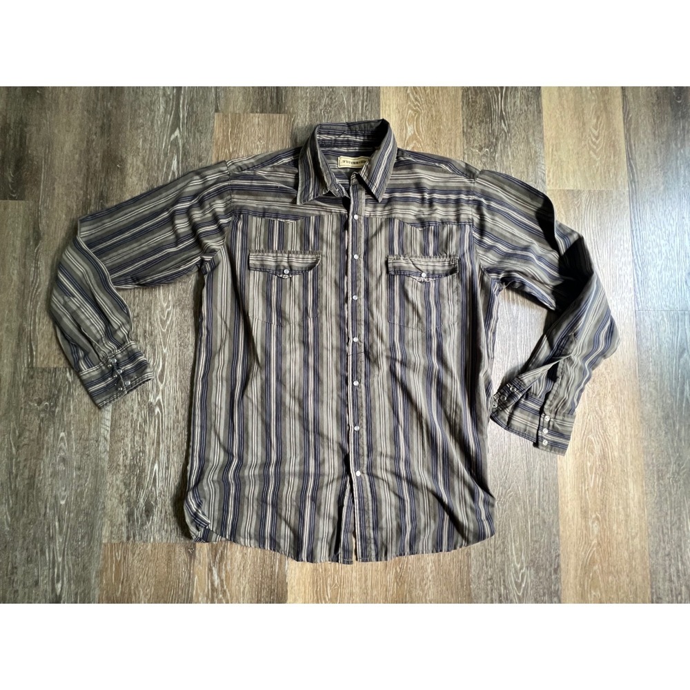 Bit &‎ Bridle Western Shirt Mens XLT Grey Blue Striped Pearl Snap Long Sleeve